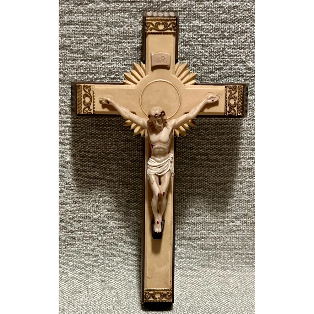 Vintage Plastic Wall Crucifix Sunburst Halo Corpus Hong Kong Religious Decor